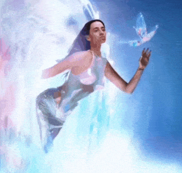 a painting of a woman flying through the air with a butterfly behind her