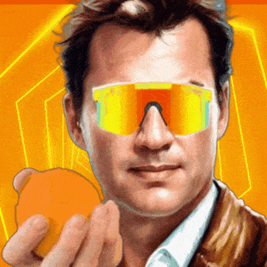 a man wearing a pair of pittsburgh sunglasses holds an orange