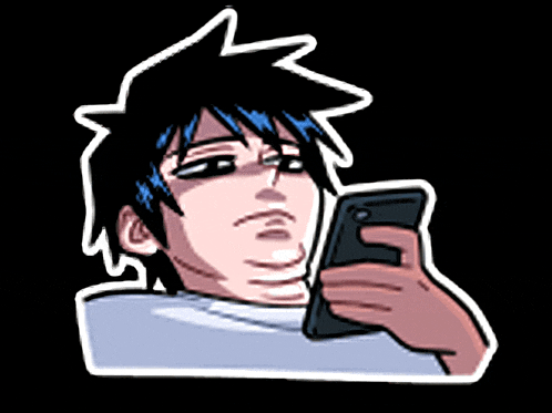 a cartoon drawing of a man looking at his phone