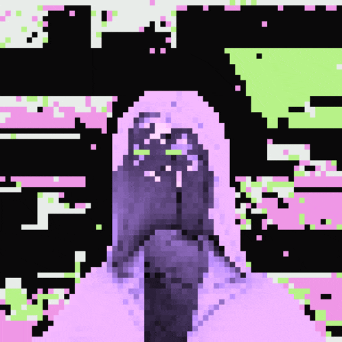 a pixel art of a woman with a purple hood