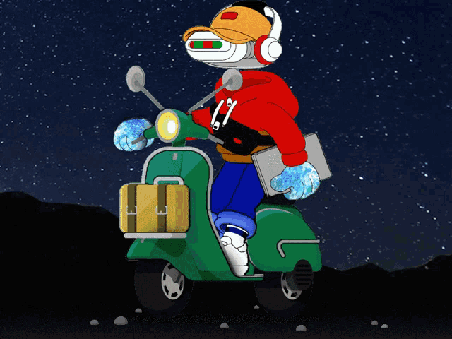 a cartoon character is riding a green scooter with a laptop and a suitcase on the back