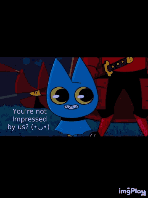 a cartoon of a black cat standing next to a blue cartoon character