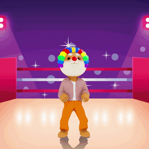 a clown with a rainbow wig on his head is dancing on a stage