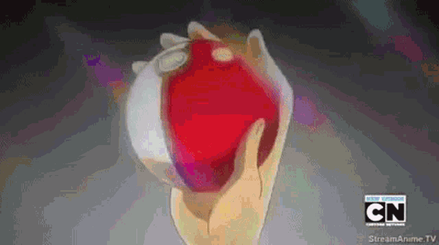 a person is holding a red apple in their hands with a cartoon network logo in the background .