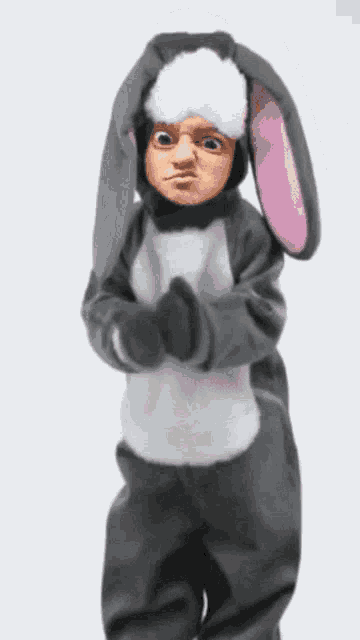 a child is dressed in a bunny costume and has a funny face on his face