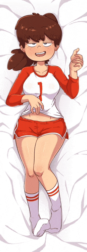 a cartoon girl is laying on a bed wearing a number 1 shirt