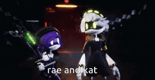 two cartoon characters are fighting each other in a dark room and the words rae and kat are visible in the corner .