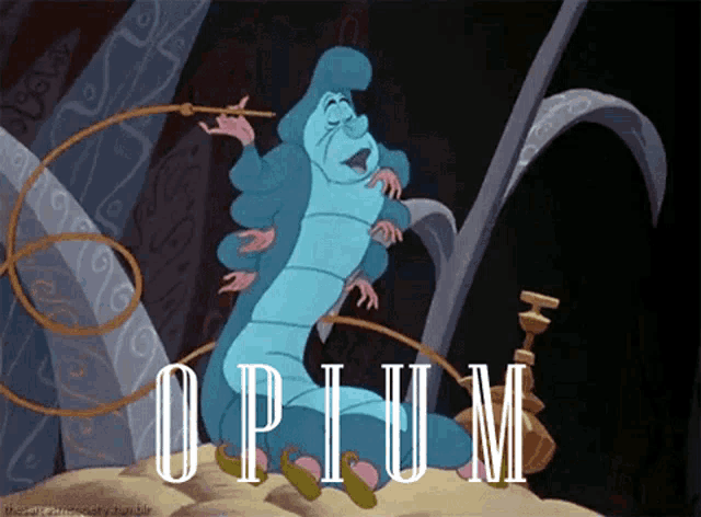 a cartoon caterpillar from alice in wonderland is sitting on a pile of sand with the word opium written above it