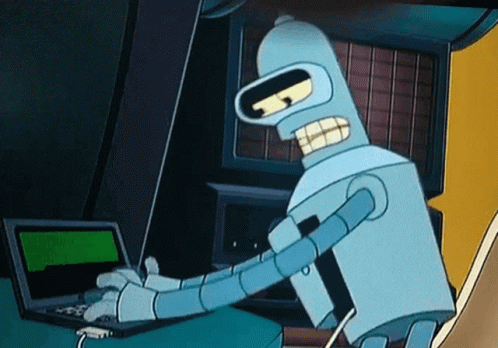 Bender do desenho Futurama digitando um computador.