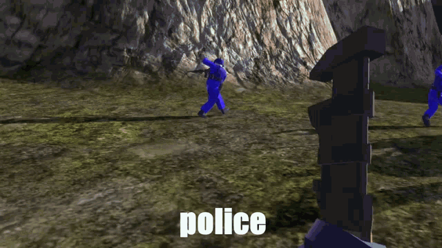 a group of blue soldiers are in a video game and the word police is on the bottom