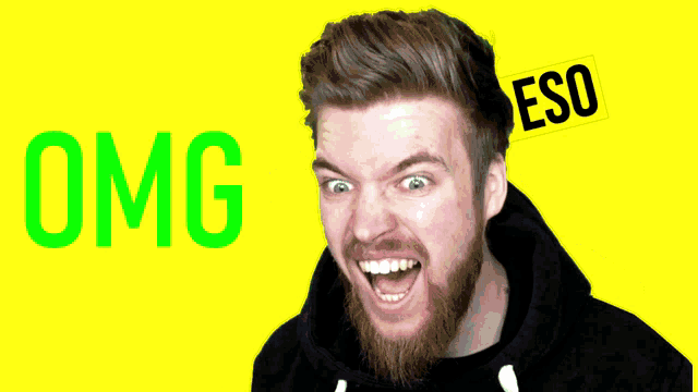 a man with a beard is smiling in front of a yellow background with the word omg on it