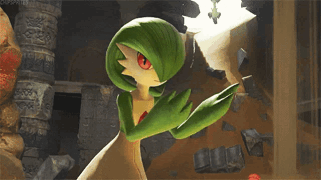 a cartoon character with green hair is standing in front of a wall