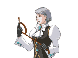 a pixel art of a woman holding a whip in her hand