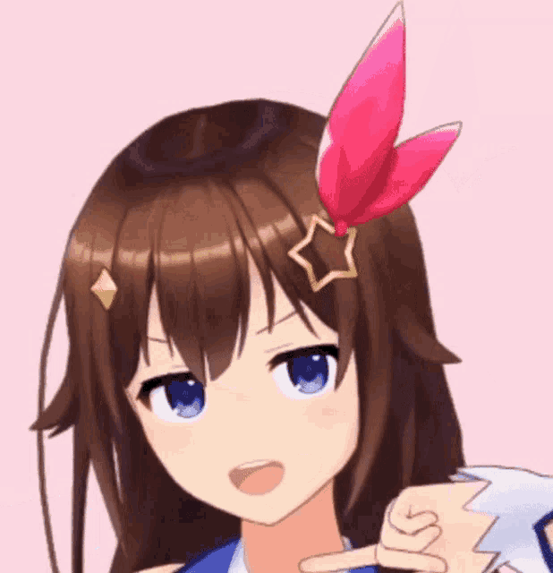 a close up of a brown haired anime girl with blue eyes and a star in her hair .