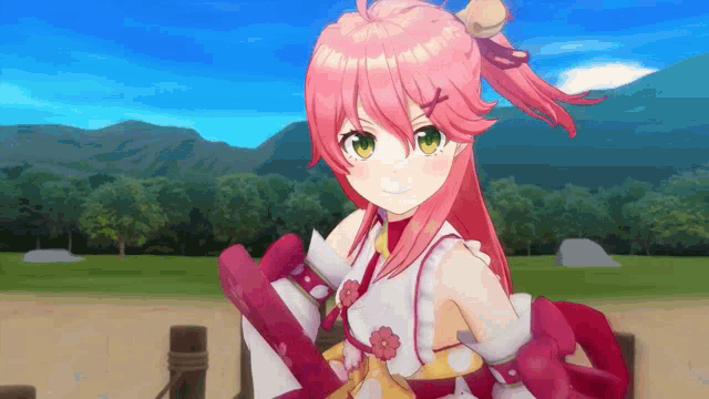 a pink haired anime girl with green eyes is standing in a field .
