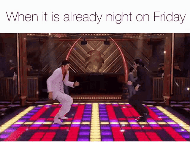 two men are dancing on a dance floor in a video game on friday .