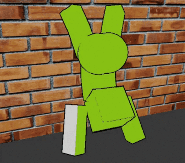 a green cartoon character is standing in front of a red brick wall