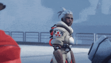 a video game character with white hair and a white shirt