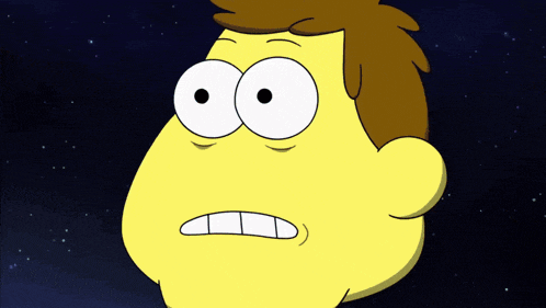 a close up of a cartoon character 's face with a surprised look on his face