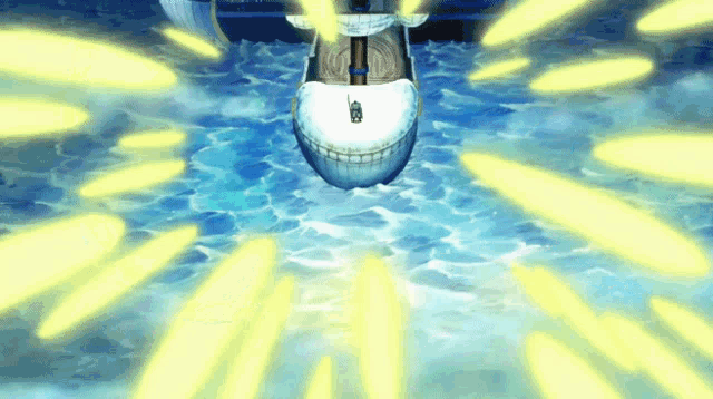 a ship is floating in the ocean with yellow lights coming out of the water