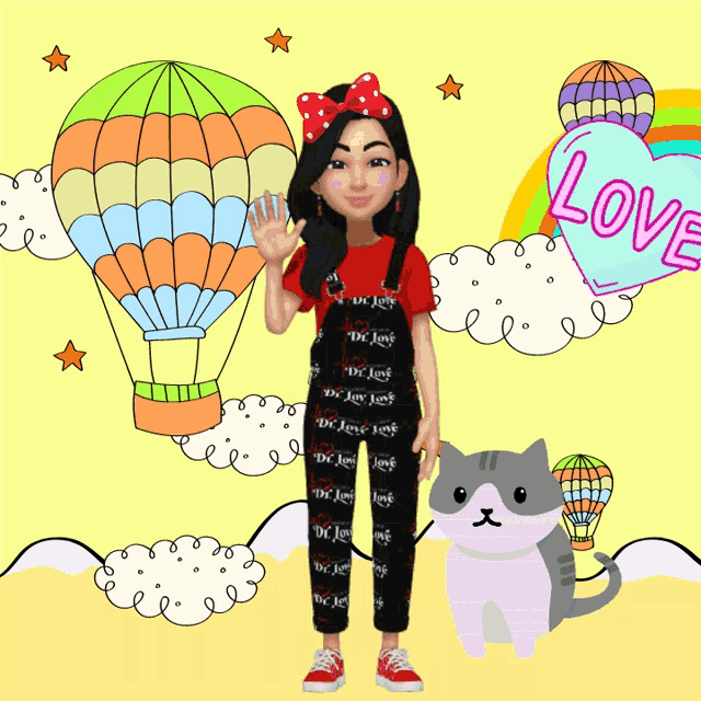 a cartoon drawing of a girl and a cat with balloons and a heart that says love