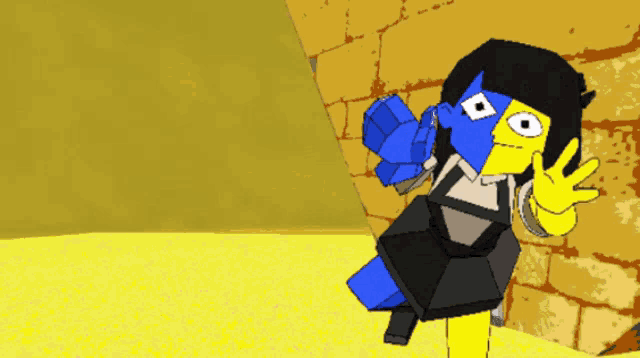 a cartoon character with a blue and yellow face is standing in front of a yellow wall