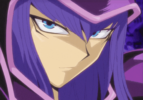 a close up of a purple haired anime character with blue eyes