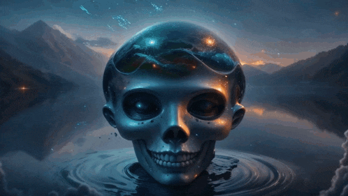 a skull with a snake on it 's head is in the water