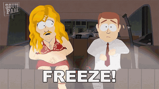 two cartoon characters from south park are standing next to each other and the words freeze are above them