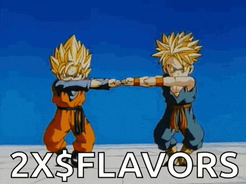 a couple of cartoon characters standing next to each other with the words " 2x $ flavors " written below them