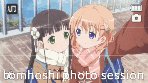 two anime girls taking a selfie with the words tomhoshi photo session