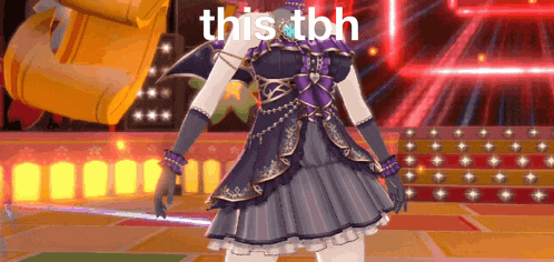 a woman in a purple dress is standing on a stage with the words this tbh written on the bottom