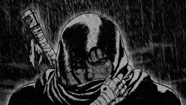 a black and white drawing of a ninja with a sword covering his face in the rain .