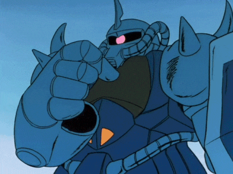 a blue robot with a pink eye is pointing at something
