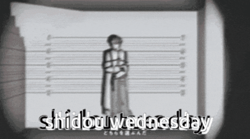 a black and white photo of a man with the words shidou wednesday written above him