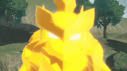 a video game character is glowing brightly in a field with trees in the background