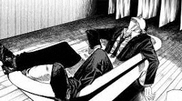 a black and white drawing of a man in a suit laying on a bathtub .