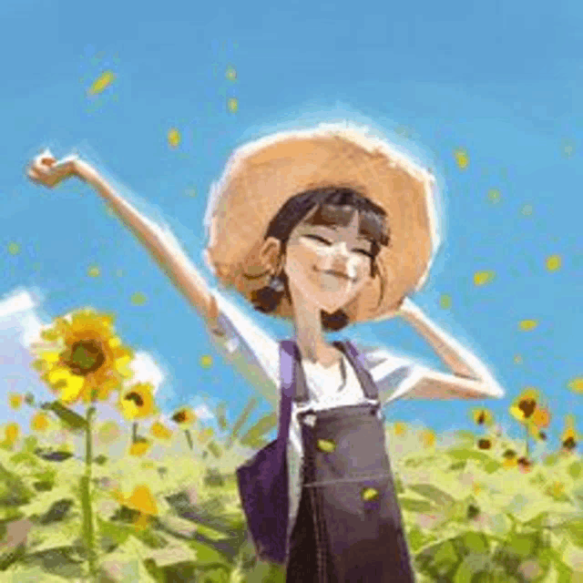 a cartoon girl in a straw hat is standing in a field of sunflowers .