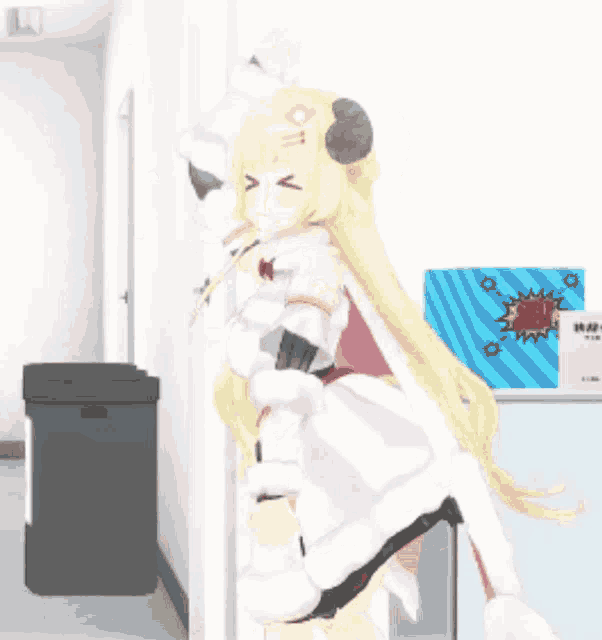 a girl in a white dress is standing in a hallway