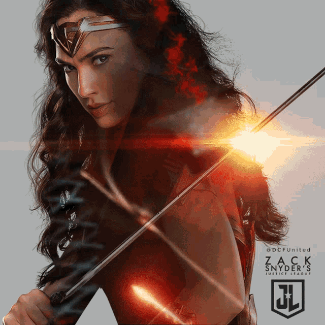 wonder woman holding a sword with a jl logo on the bottom