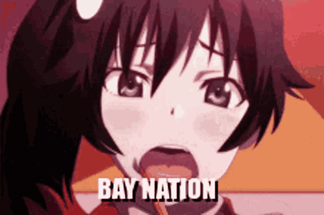 a close up of a girl with her mouth open and the words bay nation on the bottom