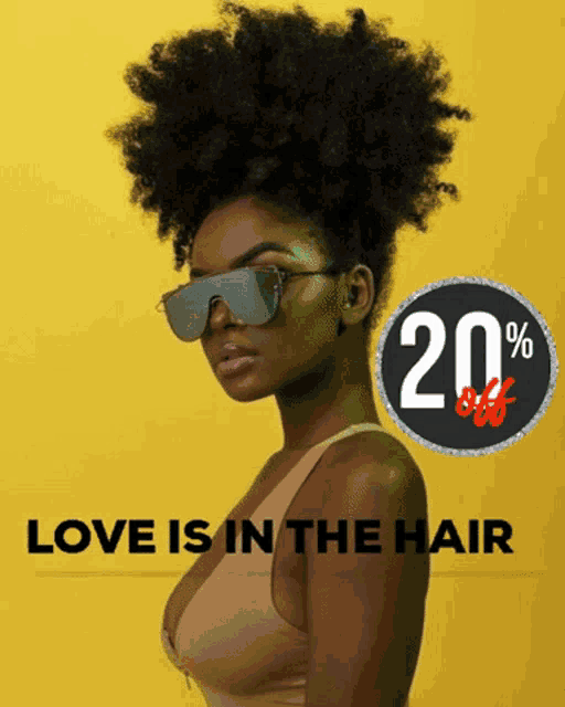 a woman wearing sunglasses with the words love is in the hair
