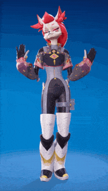 a cartoon character with red hair is standing on a blue surface