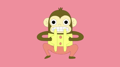 a cartoon monkey is squatting down with a yellow shirt on