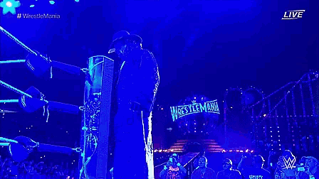 a wrestler stands in front of a wrestlemania sign
