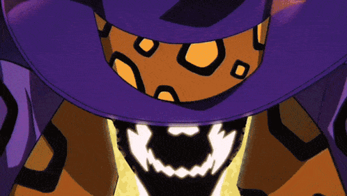 a close up of a cartoon character 's face with a purple hat on