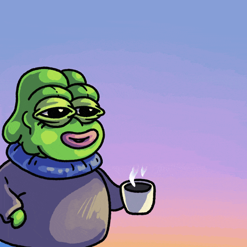 a cartoon of a frog holding a cup of coffee with a purple sky behind him