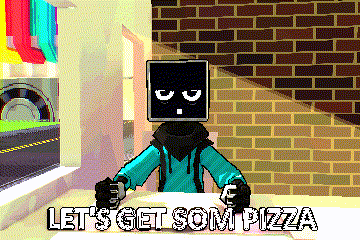 a pixel art drawing of a person sitting at a table with the words let 's get som pizza