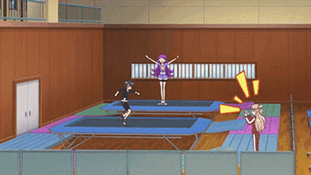 a girl with purple hair is standing on a trampoline in a gym