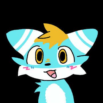 a cartoon drawing of a blue and white cat with red eyes